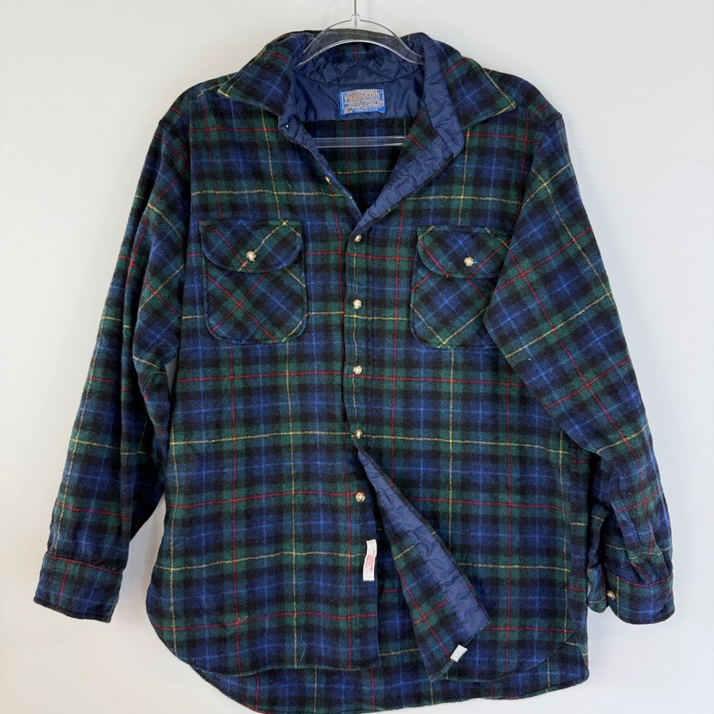 Vintage Pendleton Board Shirt Mens XL Blue Green Plaid 100% Virgin Wool Made USA